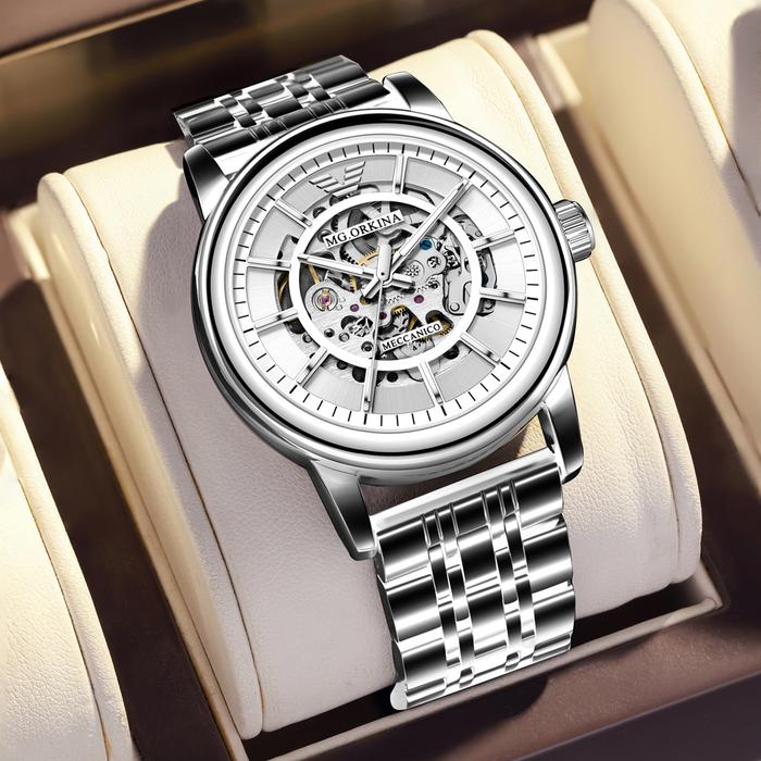 New Classic Skeleton Watch for Men Luminous Hands Mechanical Watches Silver Stainless Steel Strap Lu