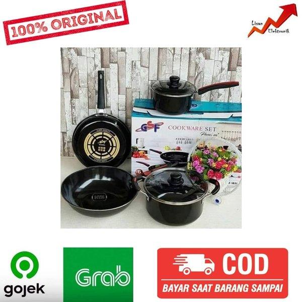 GSF Cookware Set 6 Pcs Enamel 1831 Panci Wajan Frypan Tutup Kaca