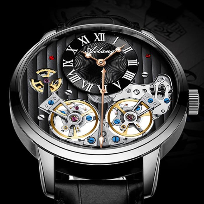 Jam Tangan Original Pria AILANG Double Tourbillon Men Watches Leather Wrist Mechanical Watches Autom