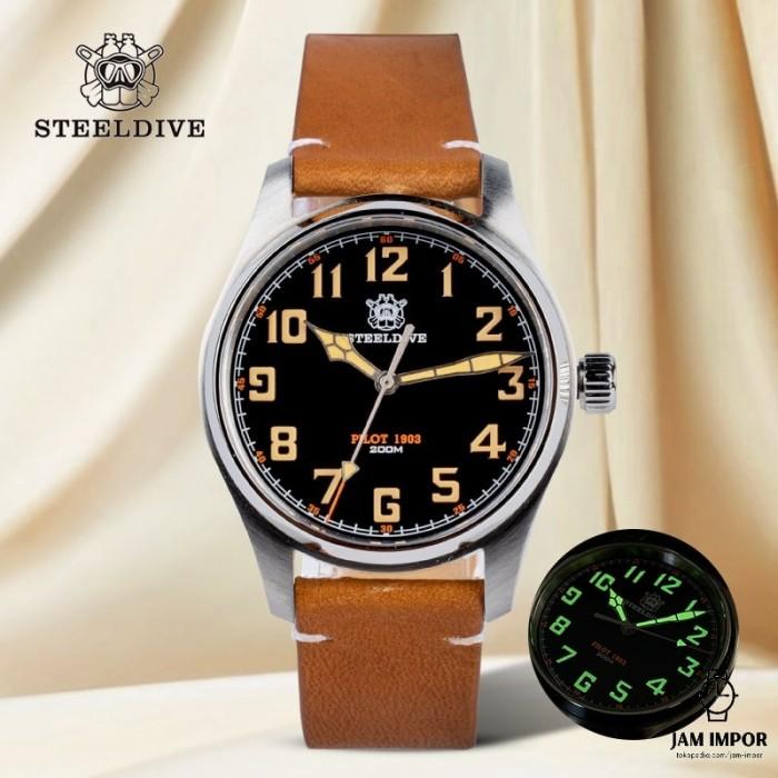 Jam Tangan Pria Steeldive Pilot Watch Men Black 36MM Quartz Movement