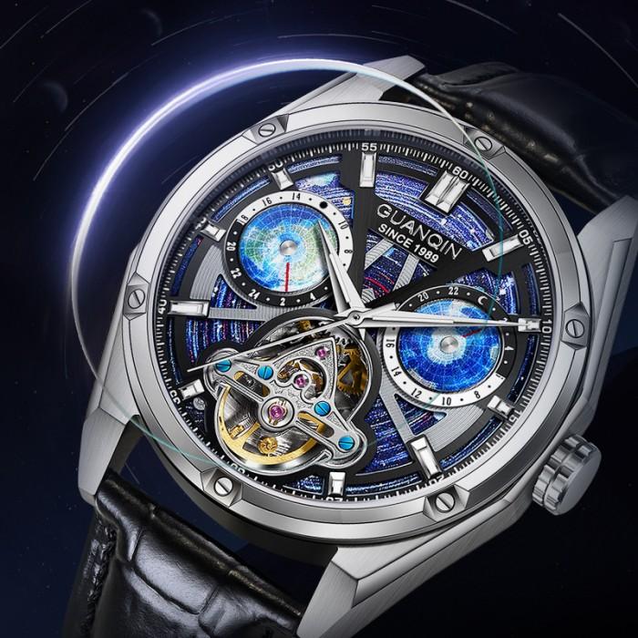Jam Tangan Original Pria GUANQIN Men's Watches Starry sky Dial Map Design Tourbillon Automatic Watch