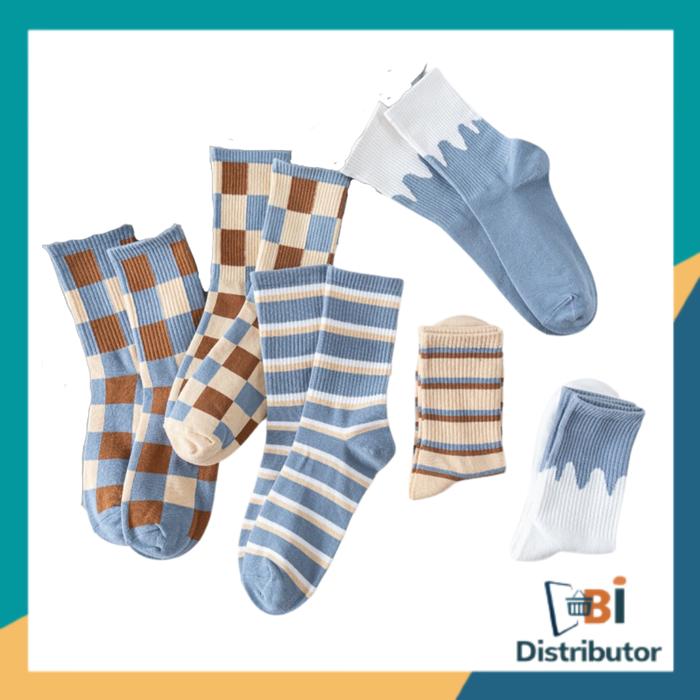 NEW PRODUK!!!! DBI Kaos Kaki Wanita Panjang Kode 6869 Kaos Kaki Motif Catur Biru Cream Kaus Kaki Set