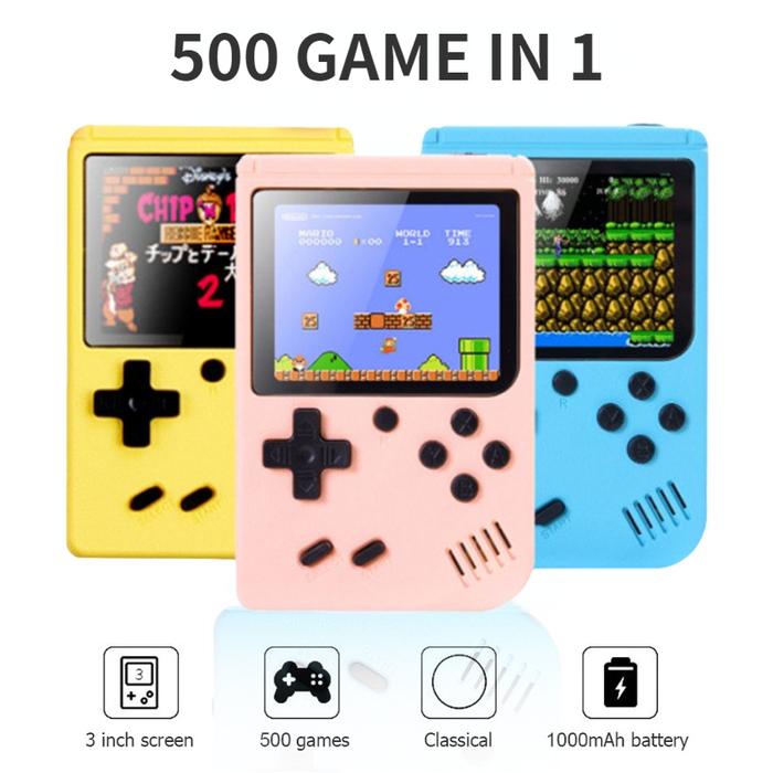 Gameboy Retro 500 in 1 Games Mini Portabel Biru Muda - Konsol Game 2 Player
