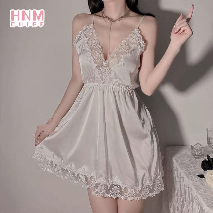 HNM Women's Satin Nightgown Sexy Spaghetti Strap Night Dress Deep V Collar Lace Stitching Nightdress