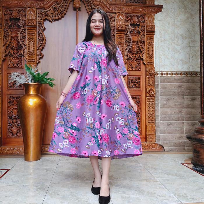 Dress Daster Kerut Nadira Korea Style Rayon Super Motif Bunga Matahari dan Sakura Lengan Pendek Prem