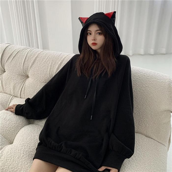 Cat Ears Pullover Hoodie Women Black Kawaii Long Sleeve Autumn Winter Hooded Sweatshirt Gothic Stree