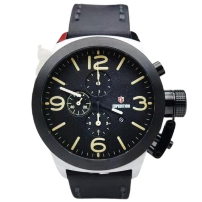 JAM TANGAN PRIA EXPEDITION E6339 E 6339 MCLSSBAIVBA CHRONOGRAPH SILVER BLACK CREAM LEATHER STRAP