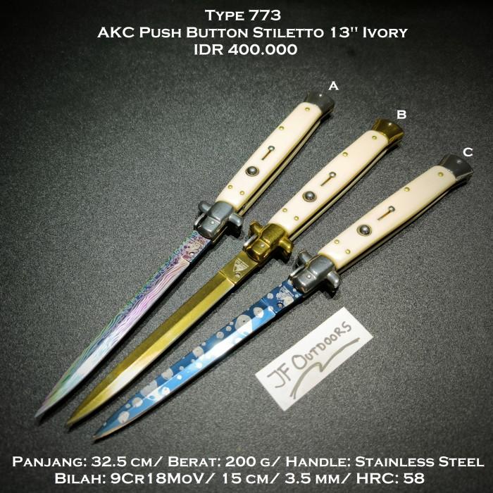 Pisau EDC Unboxing AKC Push Button Stiletto 13 inch Ivory White Handle