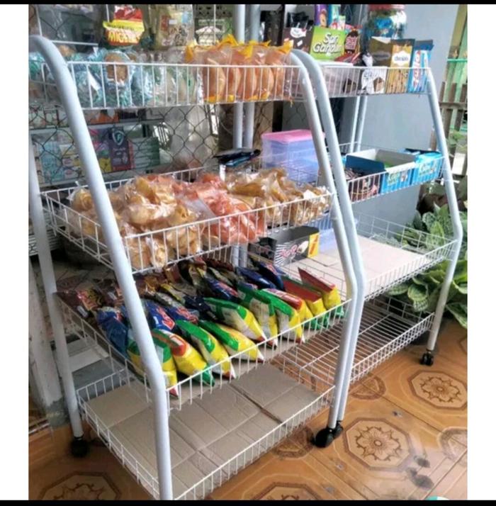rak Roti dengan roda / rak serbaguna / rak roti ciki 4 susun / rak multifungsi / rak toko