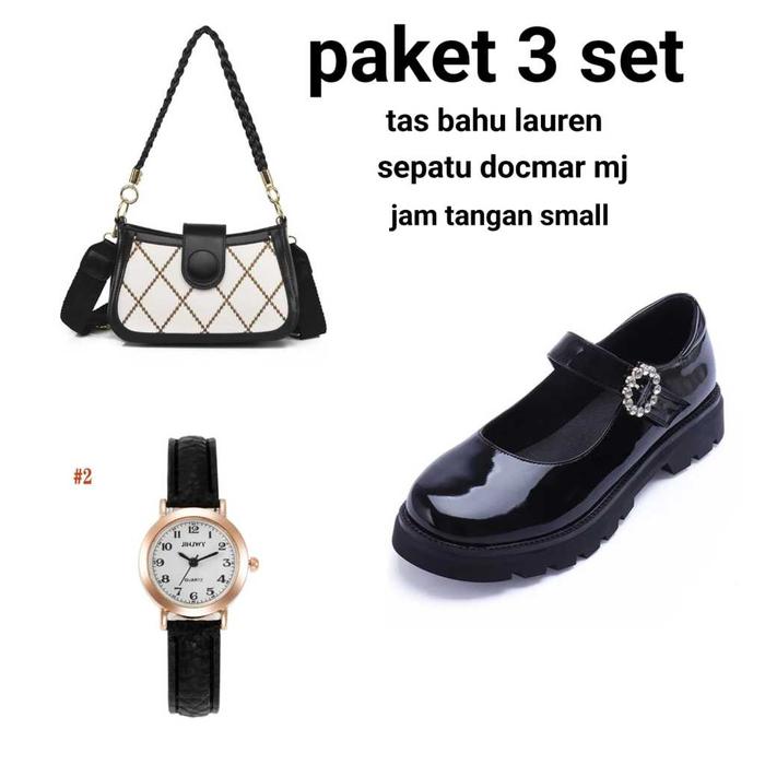 Paket bundling 3 set sepatu marijane + tas Lauren + jam tangan