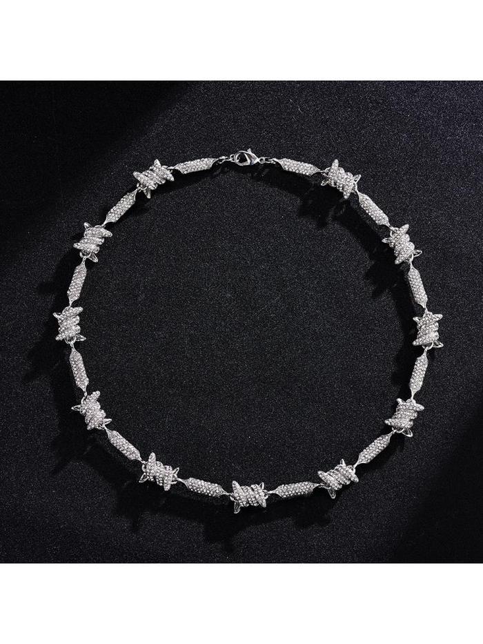 18/12mm Hip Hop Women Men Barbed Wire Thorn Link Chain Choker Necklace Iced Out Bling Crystal Gold S