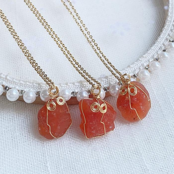15-20mm Small Natural Stone Pendant Necklace Steel Chain Wire Wrap Rock Raw Red Agates Carnelian Cry