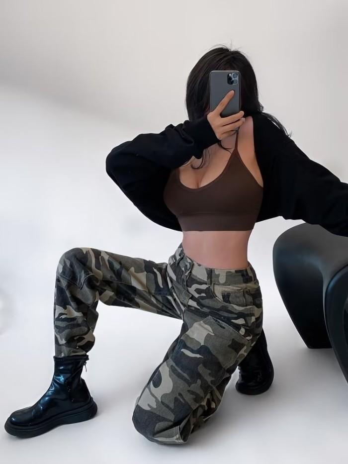AB870618 Celana Panjang Denim Jeans Hijau Army Comouflage Loreng Tentara Wanita Korea Import
