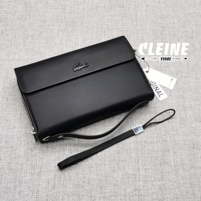 Jual Handbag Clutch Pria Lacoste Leather Black Grid 002 Diskon