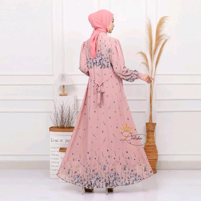 Delisha - Arrumi Dress / Gamis Pink Ceruty Baby Doll Premium Berfuring Mewah Busui
