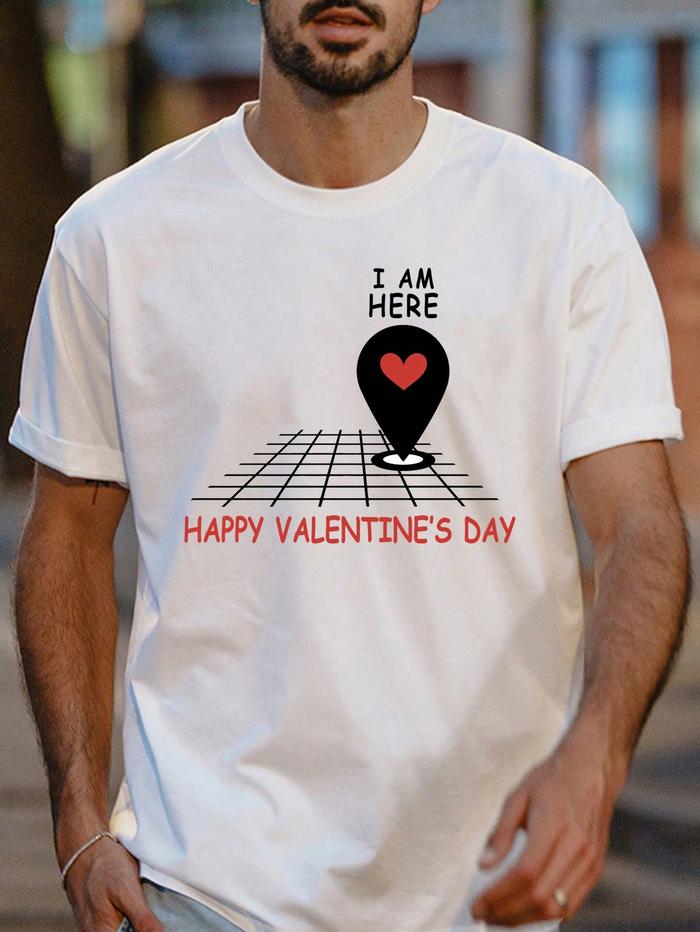 Happy Valentines Day Men White Knitted Crewneck Couple T-Shirt I Am Here with Slogan Print Cotton Sh