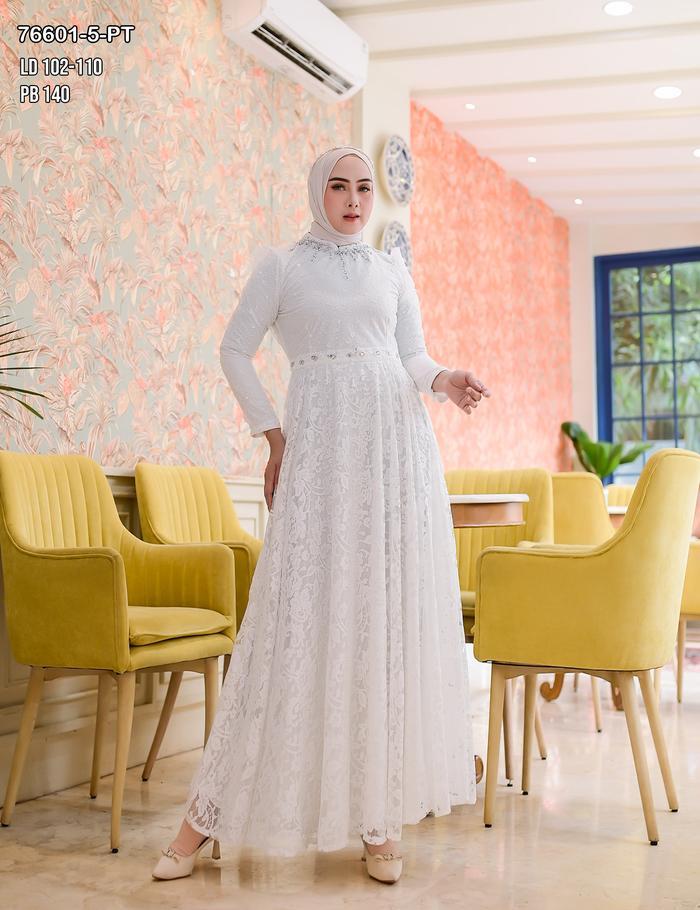 Gamis Putih Tile Payet Kombinasi Brukat Baju Muslim Vima 76601