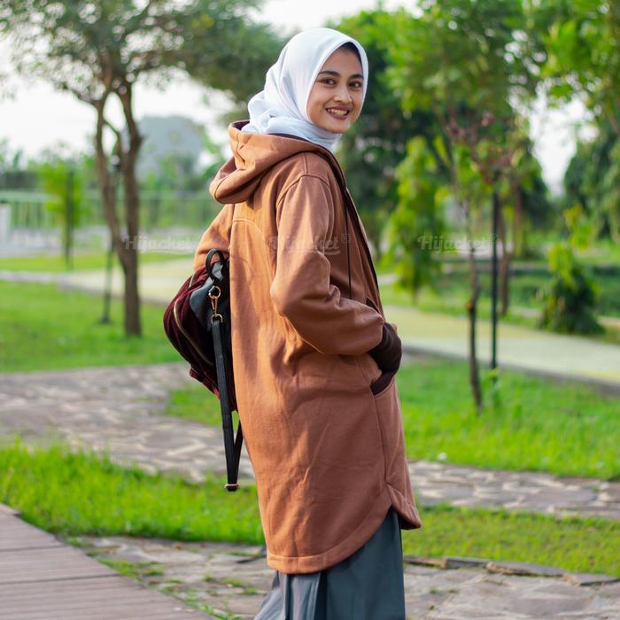 Free Souvenir - Best Seller | Hijacket Elektra Brown | Jaket Wanita Muslimah Syar'I Panjang | Hoodie