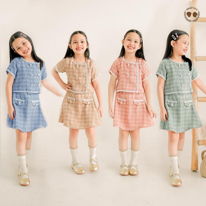 Marves - Leora Setelan Dress One Set Baju Anak Perempuan Korean Style Bahan Tweed Wool Lengan Pendek