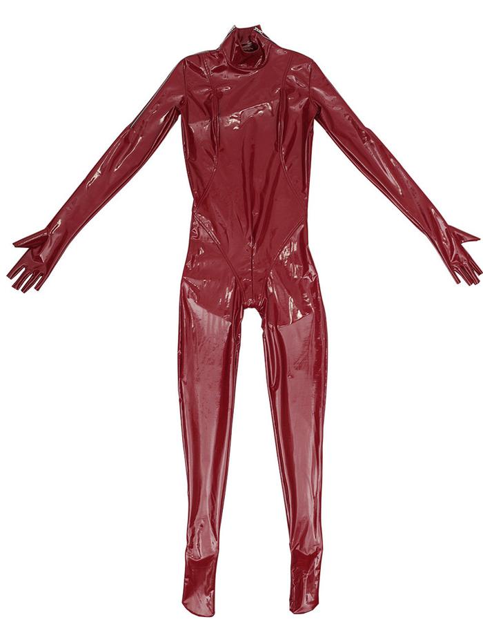 sexy women pvc wetlook shiny full bodysuit latex elasitc sexy tight zipper open crotch half finger g