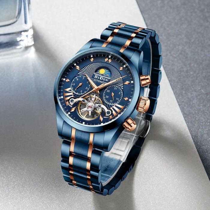 BIDEN mechanical automatic men's watch, high-quality steel strap watch, 30M waterproof, suitable for
