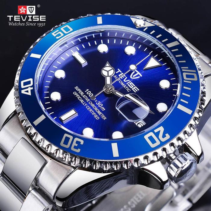TEVISE Men's Automatic Mechanical Watch Blue Ocean Dial Full Stainless Steel Sport with Calendar Dis