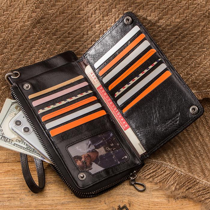 contact's genuine leather men wallets casual long purse male with phone pouch multi-function card ho