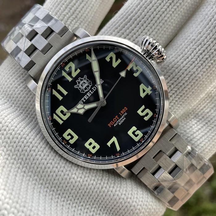 Jam Tangan Pria  STEELDIVE Dive Watch SD1903 Stainless Steel Pilot 20Bar