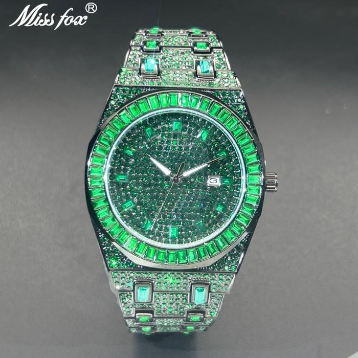 Jam Tangan Pria Original New Green Diamond Watch For Men Luxury Hip Hop Diamond Watches Unique Bling