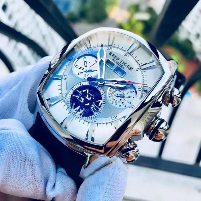 Jam Tangan Pria Reef Tiger/RT Jam Tangan Pria Big Watch White Dial Mechanical Tourblon