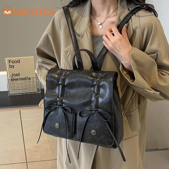 women's pu leather classic backpacks preppy style drawstring knapsacks retro solid students rucksack