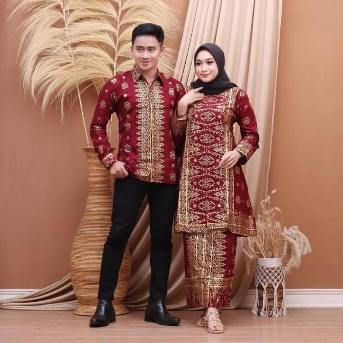 Setelan Couple Batik Songket Palembang + Rok Dan Kemeja Pria