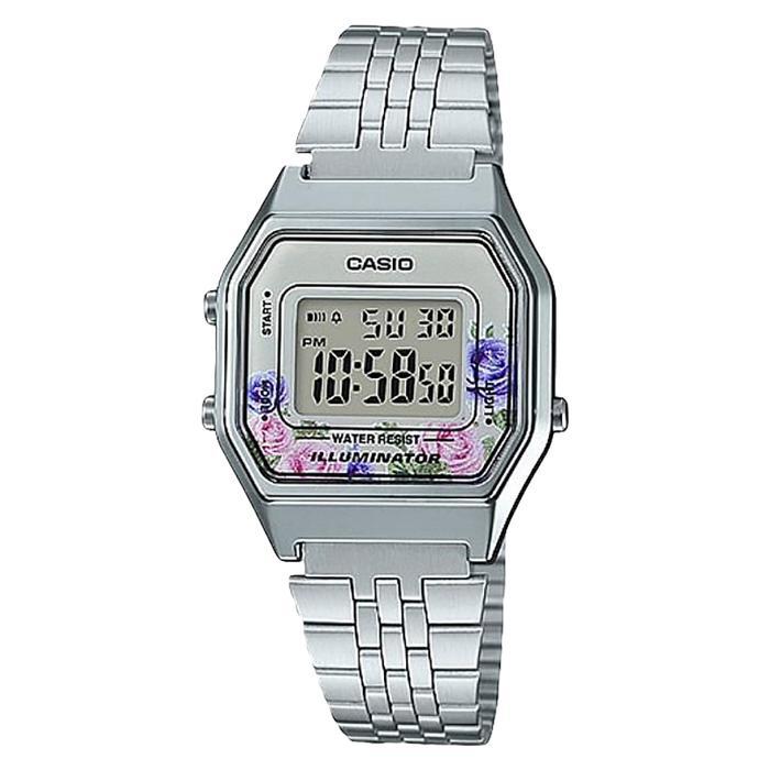 Jam Tangan Wanita Casio General LA680WA-4CDF Ladies Flower Design Digital Dial Stainless Steel Band