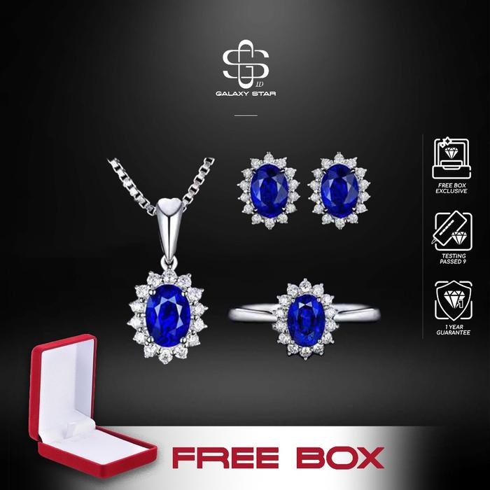 ((Free Box)) Ootd Hijab & Aksesoris Ramadan, Trendi & Kekinian Blue Zircon Jewelry Set – Cincin, Ant
