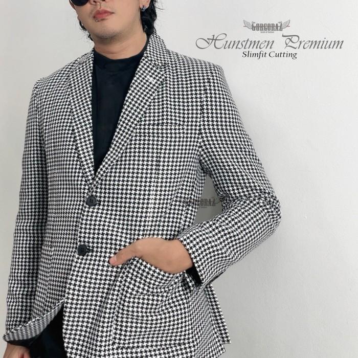 blazer pria premium motif tartan houndstooth hitam putih slimfit casual formal original realpicture 