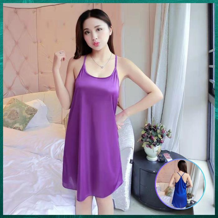 TERLARIS PL (Paris L'amour) Daster Dress Panjang Wanita Bahan Satin Motif Polos Solid Warna Ukuran F