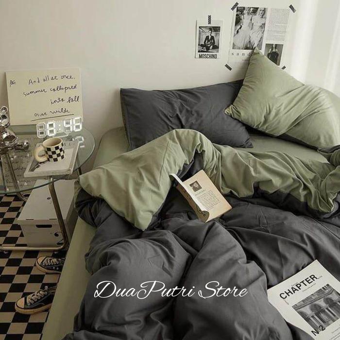 Bedcover Set Sprei Sarung Bantal Guling Polos Kombinasi Dua Warna Uk 180 160 120 90 FreeTas Bedcover