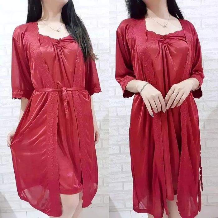 TERLARIS ARENAR SKA53 Baju Tidur Merah Dress dan Kimono Luar - Gaun Malam Merah Wanita - Baju Tidur 