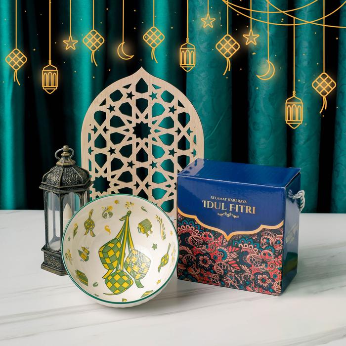 AVELINE Souvenir Mangkok Set Premium Porselen Biru/ Hampers Lebaran Eid Motif Ketupat/ Mangkok Set