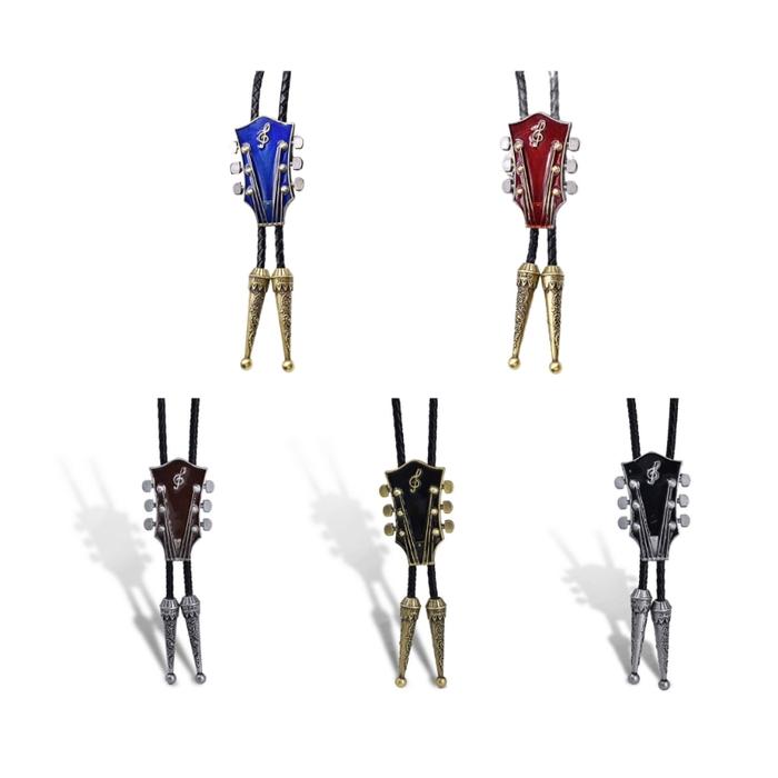 Unisex American Bolo Tie Necktie Handmade Enamel Guitar Music Pendant Cowboy Artificial Leather Rope