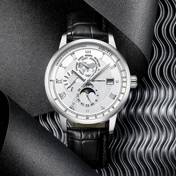 SOBOTTA Men Simple Waterproof Watches Silver Automatic Watch For Men Moon phase Mechanical Wristwatc