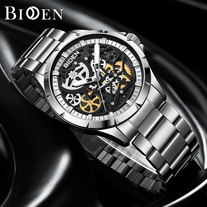 BIDEN Jam Tangan Pria Anti Air Ori Hollow Dial Kasual Tali Stainless Steel Kuarsa Jam Tangan Cowok