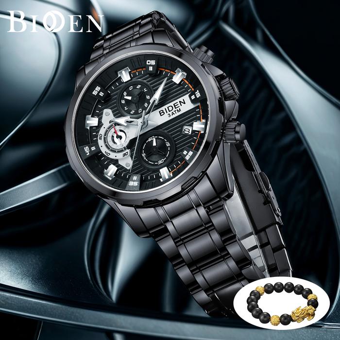 BIDEN Jam Tangan Pria Bercahaya Multifungsi Dial Kuarsa Tali Stainless Steel Jam Tangan Cowok Ori