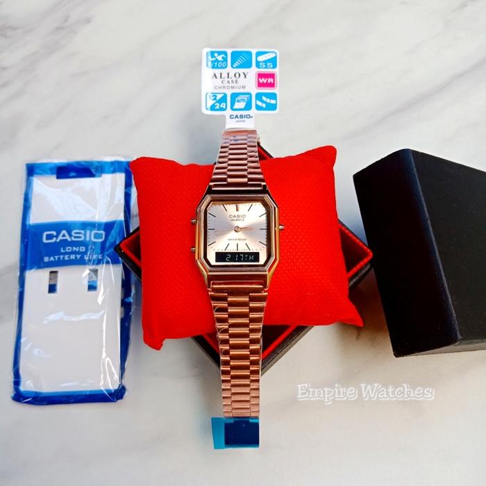 Empirewatches Jam Tangan Casio AQ230 Wanita Cewek Analog Digital Dualtime Rantai Stainless