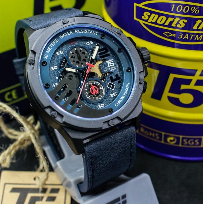 Jam Tangan TFive t5 Pria Business Watch 3704 Chronograph Original Leather Waterresist 3 ATM Blue
