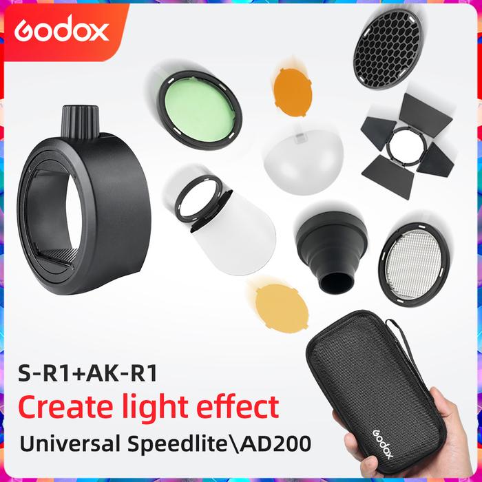 Godox AK-R1 + S-R1 Barn Door, Snoot, Color Filter, Reflector, Honeycomb, Diffuser Ball Kits for Godo