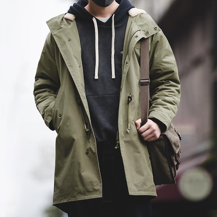 Maden Men's Thick Hooded M-51 Fishtail Cotton Coat Plus Velvet Parka Jacket Green Windbreaker Winter