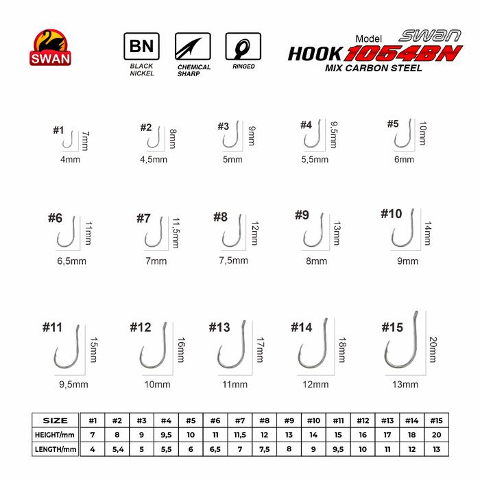Hook/ Kail Pancing Kotak Mika Swan Marusode 1054, No 1(Kecil) - 15(Besar), isi 100pcs