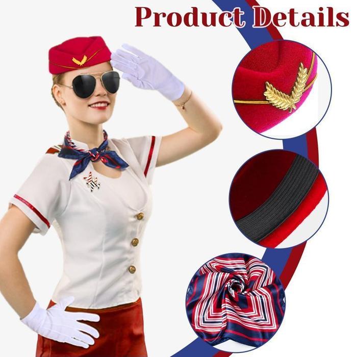 Topi Pramugari Emirates Set Kacamata Syal Sutra Sarung Tangan Bros Pesawat Set Untuk Halloween Cospl