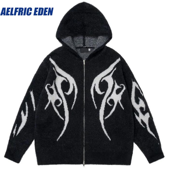 Aelfric Eden Knitted Pattern Double Zipper Hooded Sweaters Cardig